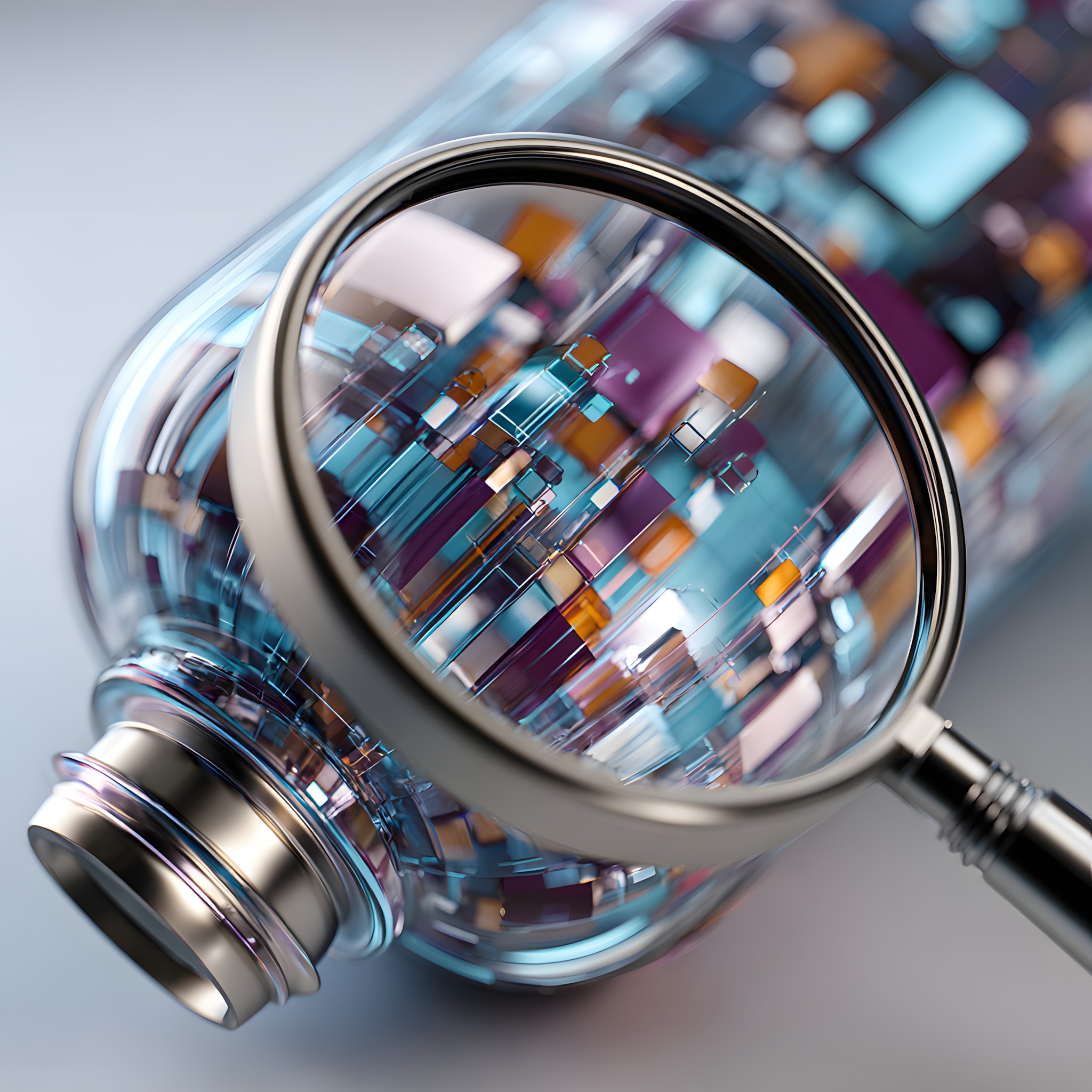 Magnifying glass examining complex business process visualization with colorful geometric blocks